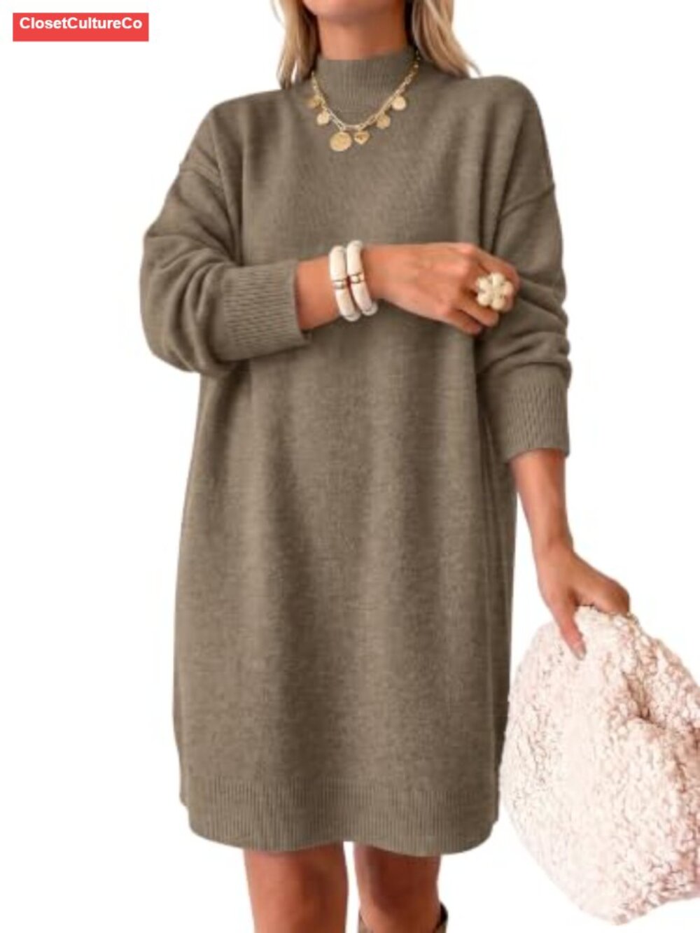 Oversized Mock Neck Long Sleeve Sweater Dress